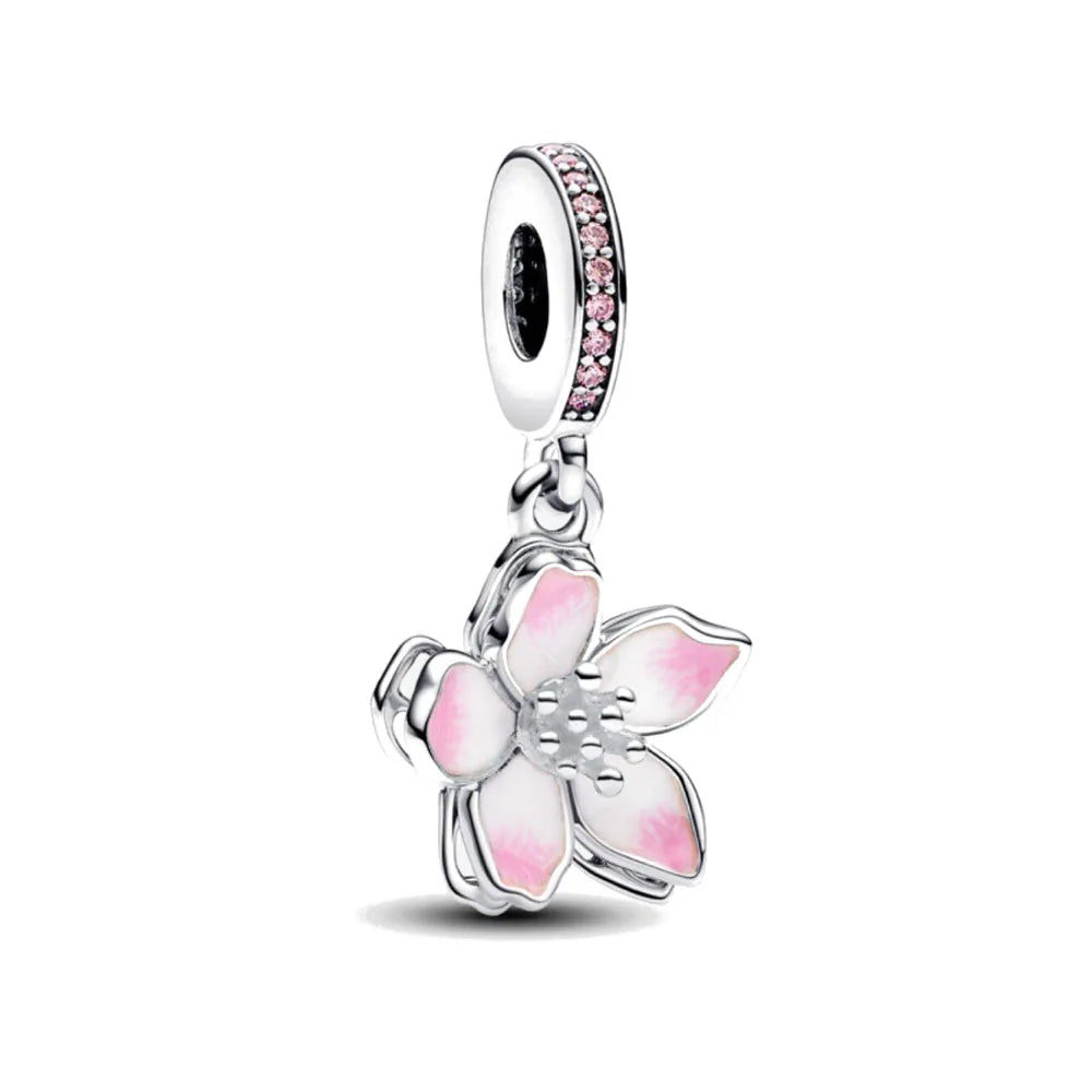 Spring Pink 925 Sterling Silver Enamel Flower Pendant for Mother-Daughter Bracelets