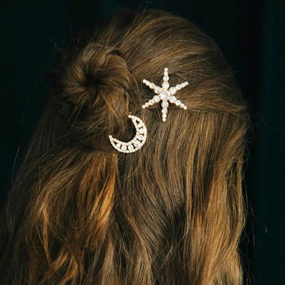 StoneFans Vintage Rhinestone Hairpins Set - Shiny Star & Moon Barrettes for Women & Girls