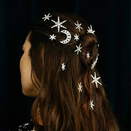 StoneFans Vintage Rhinestone Hairpins Set - Shiny Star & Moon Barrettes for Women & Girls