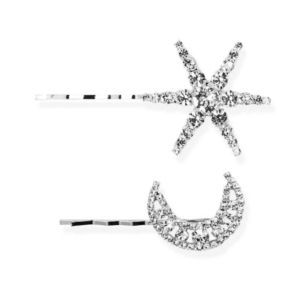 StoneFans Vintage Rhinestone Hairpins Set - Shiny Star & Moon Barrettes for Women & Girls
