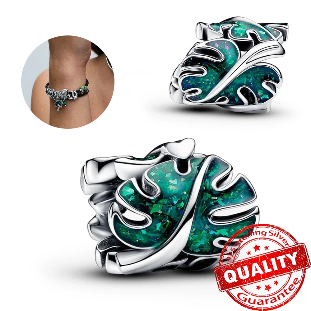 Monstera Leaves Frog Dangle Charm - 925 Sterling Silver, Exquisite Gift for Necklaces & Bracelets