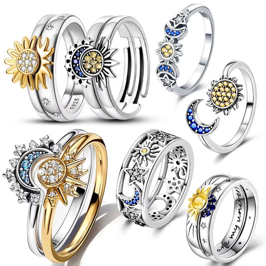 925er Sterlingsilberring, elegant, für Frauen, Sonnenblumen-Sonnen-Kombinationsring, perfekte Geschenkidee für besondere Anlässe