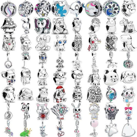 925 Silver Animal Charms: Adorable Cat, Dog, Elephant, Unicorn & Bird Pendants for DIY Bracelets