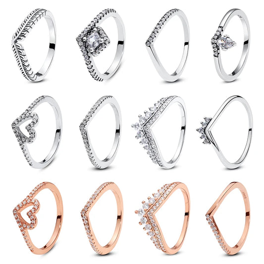 Originale 925-Silberringe für Frauen Herzkrone-Wunschknochen-Verlobungs- und Hochzeitsring Rosa Gold Luxus Schmuck Geschenk