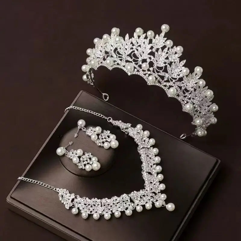 Bridal Bliss Crown Necklace & Earring Set - Elegant Beige Beaded Wedding Accessories