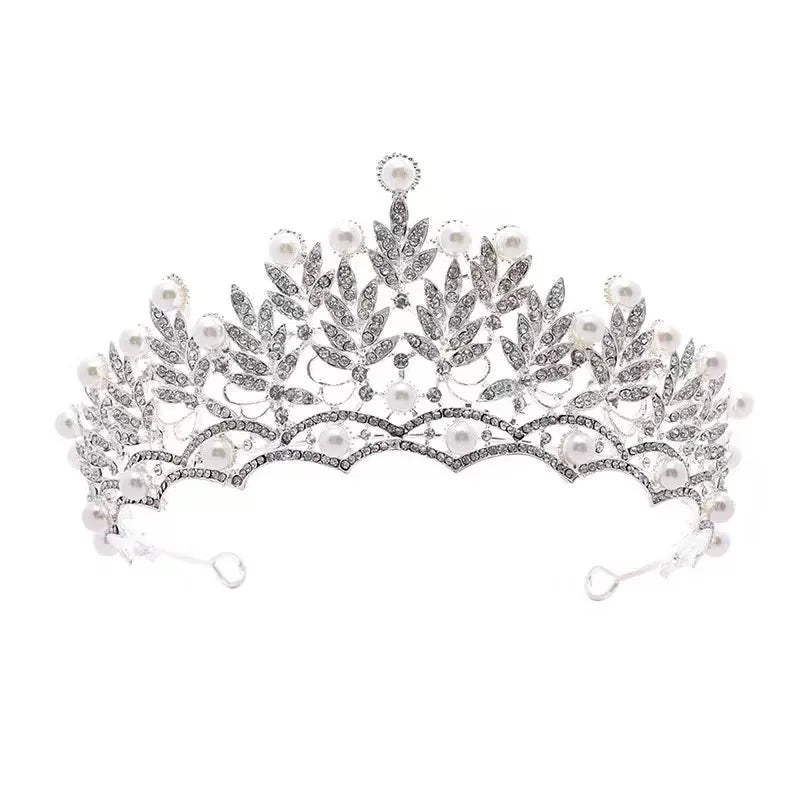 Bridal Bliss Crown Necklace & Earring Set - Elegant Beige Beaded Wedding Accessories