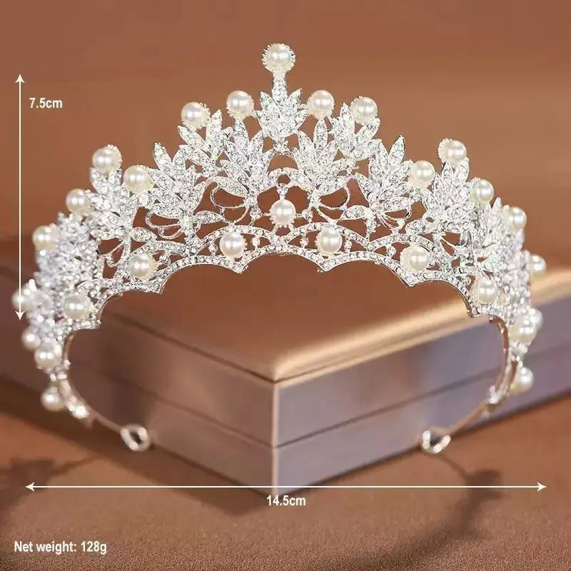 Bridal Bliss Crown Necklace & Earring Set - Elegant Beige Beaded Wedding Accessories