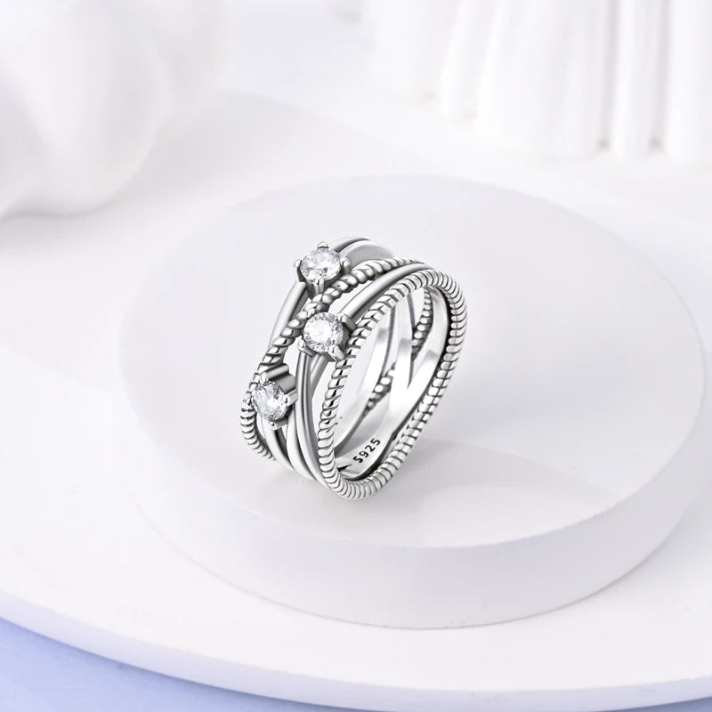 Women's Classic Geometric 925 Sterling Silver Ring with Overlapping Zircon - Top-Rated Fine Jewelry