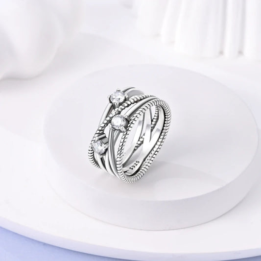 Women's Classic Geometric 925 Sterling Silver Ring with Overlapping Zircon - Top-Rated Fine Jewelry