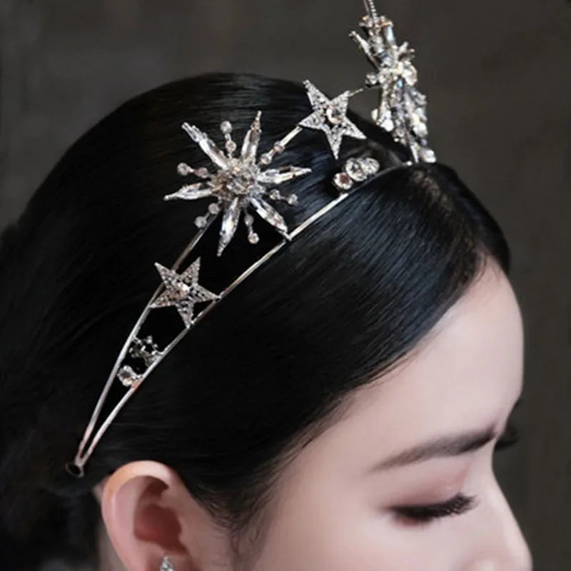 Wedding Crown Hair Jewelry - Double Layer Crystal Star Headpiece with Rhinestones