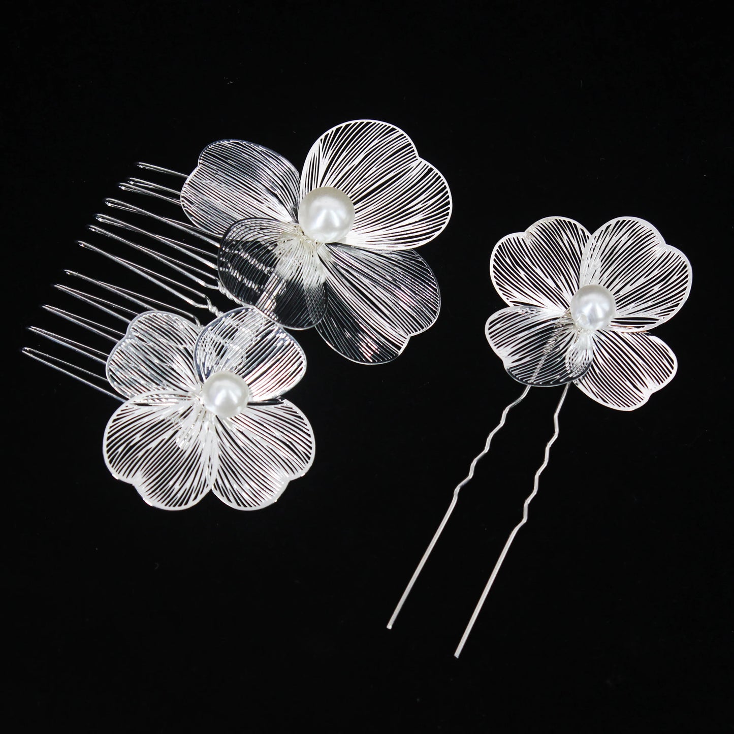 Bridal Bliss Flower Pearl Hair Comb Pins - 2PCS Wedding Accessories