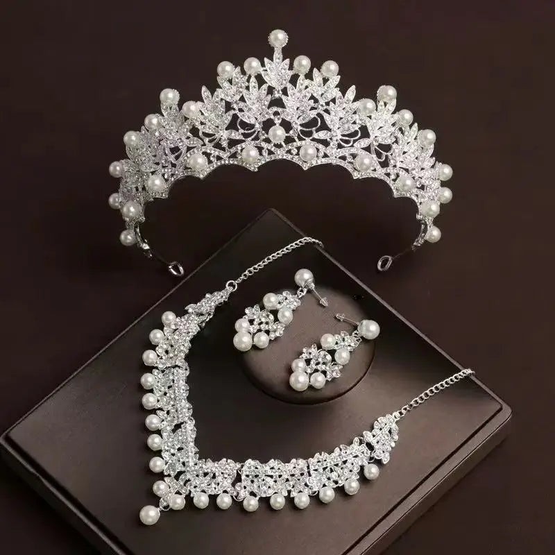 Bridal Bliss Crown Necklace & Earring Set - Elegant Beige Beaded Wedding Accessories