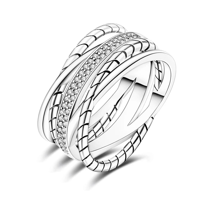 Women's Classic Geometric 925 Sterling Silver Ring with Overlapping Zircon - Top-Rated Fine Jewelry