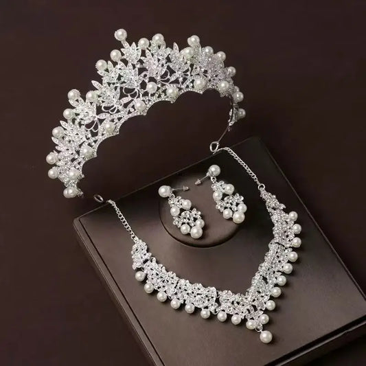 Bridal Bliss Crown Necklace & Earring Set - Elegant Beige Beaded Wedding Accessories