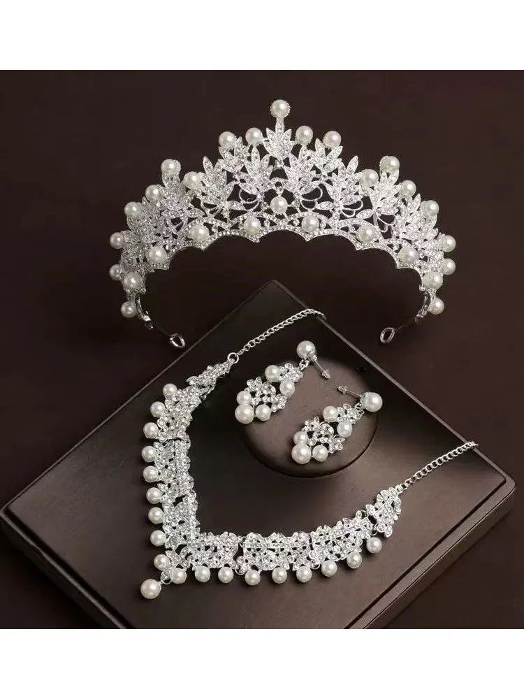 Bridal Bliss Crown Necklace & Earring Set - Elegant Beige Beaded Wedding Accessories