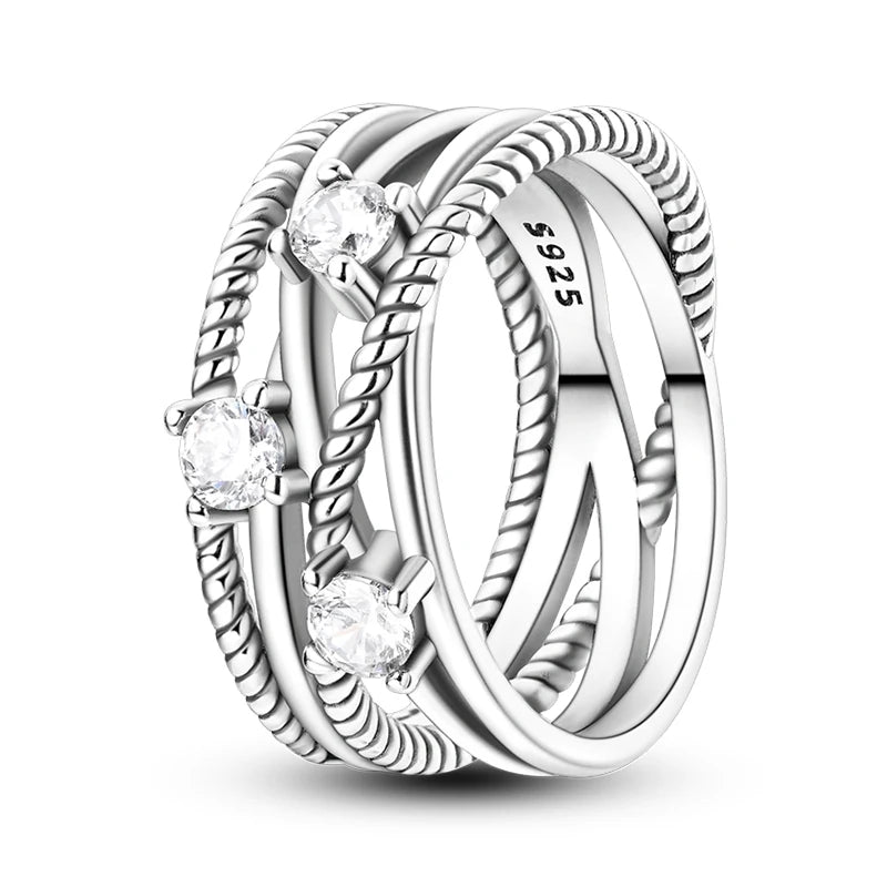 Women's Classic Geometric 925 Sterling Silver Ring with Overlapping Zircon - Top-Rated Fine Jewelry