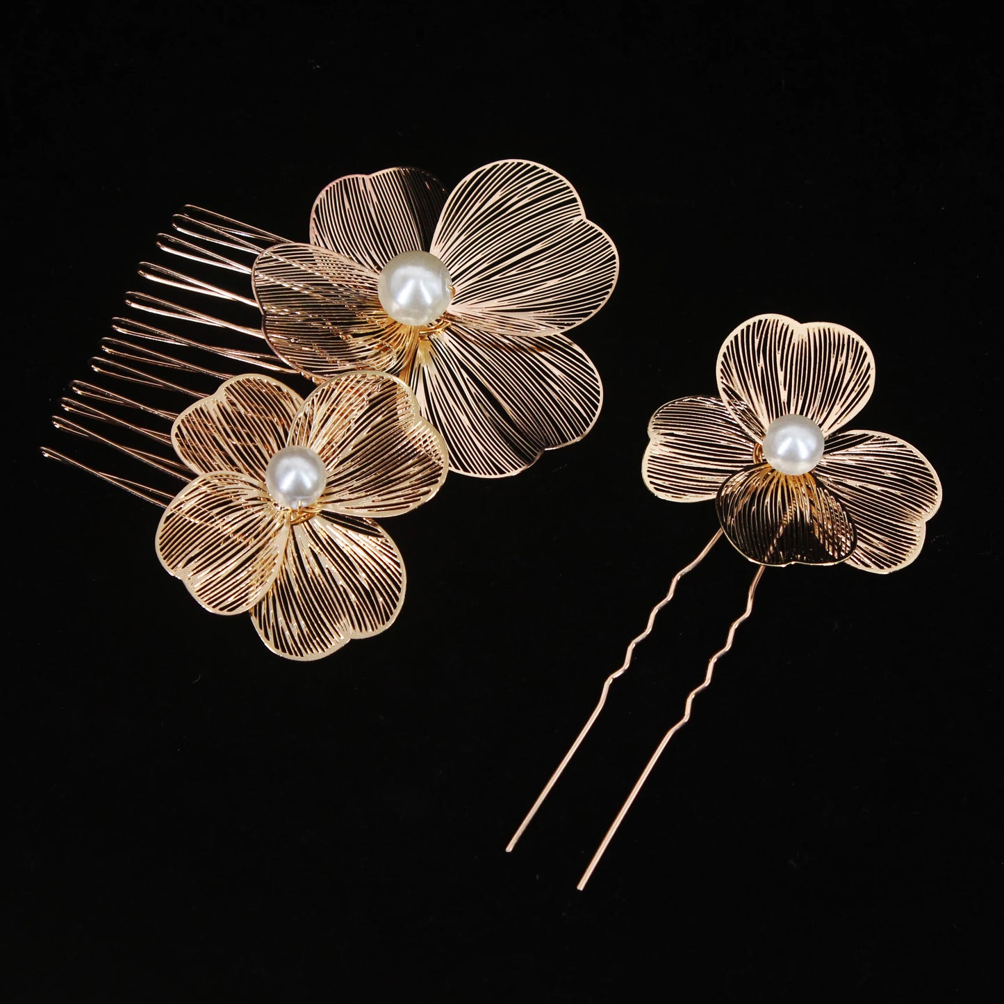 Bridal Bliss Flower Pearl Hair Comb Pins - 2PCS Wedding Accessories