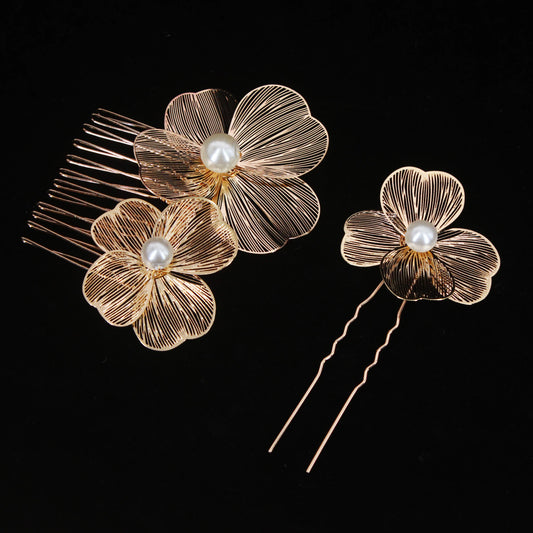 Bridal Bliss Flower Pearl Hair Comb Pins - 2PCS Wedding Accessories
