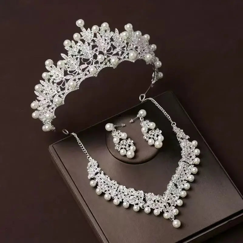 Bridal Bliss Crown Necklace & Earring Set - Elegant Beige Beaded Wedding Accessories