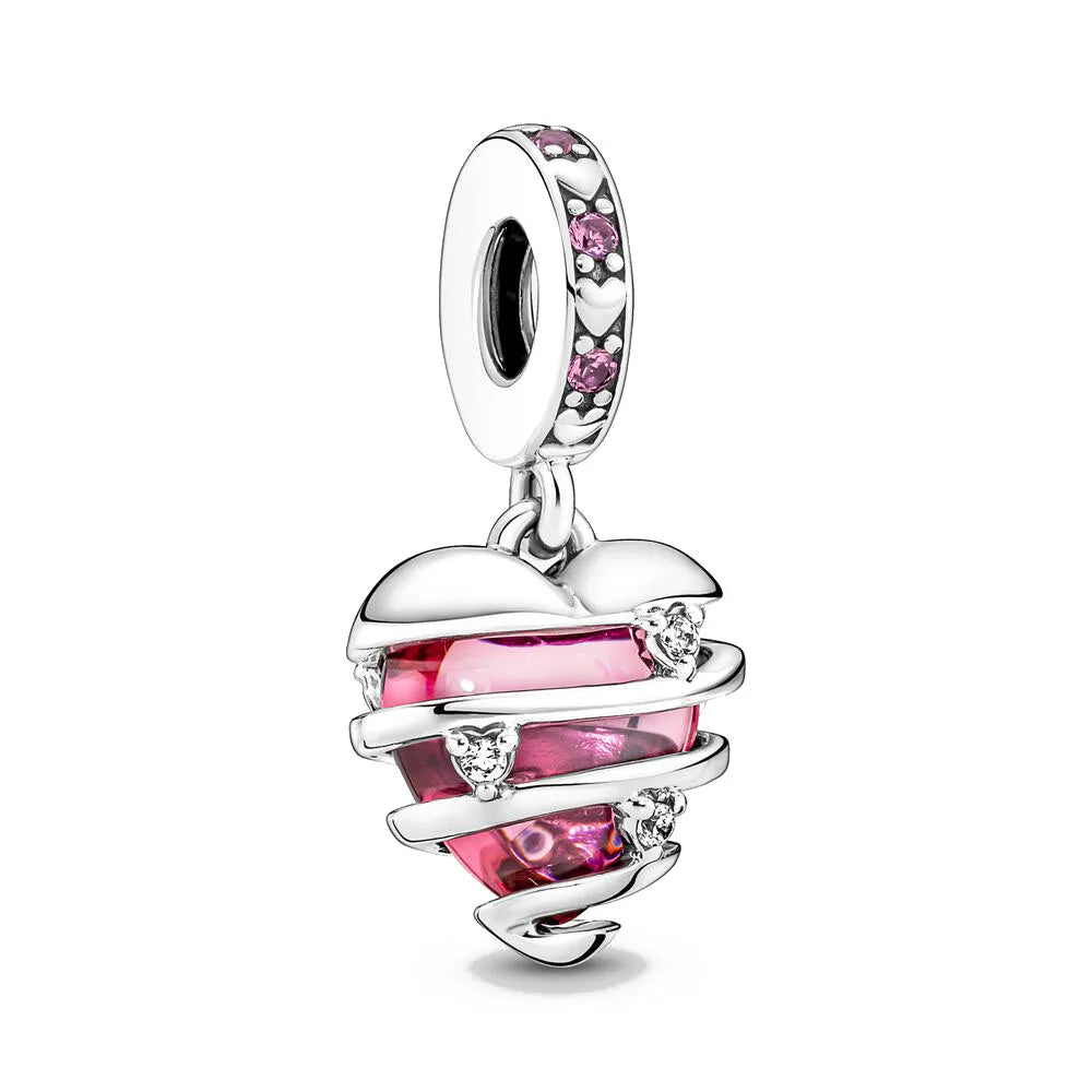 Spring Pink 925 Sterling Silver Enamel Flower Pendant for Mother-Daughter Bracelets