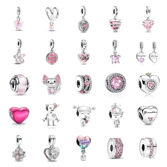 Spring Pink 925 Sterling Silver Enamel Flower Pendant for Mother-Daughter Bracelets