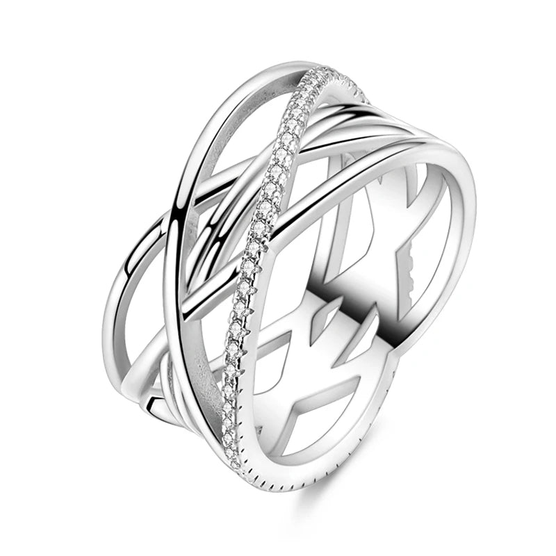 Women's Classic Geometric 925 Sterling Silver Ring with Overlapping Zircon - Top-Rated Fine Jewelry