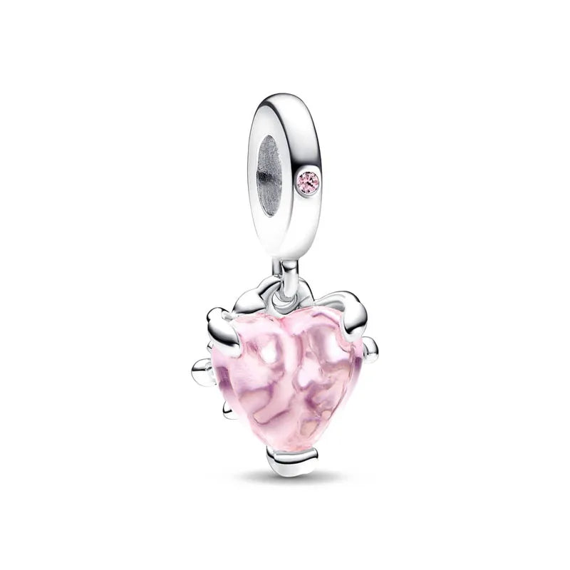 Spring Pink 925 Sterling Silver Enamel Flower Pendant for Mother-Daughter Bracelets